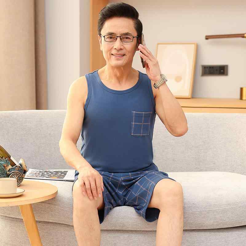 パジャマ メンズ 男性用 春夏 ノースリーブ ショートパンツ 短パン 綿 コットン 薄手 通気性 快適 丸首 ラウンドネック 大きいサイズ ビッグサイズ 中高年 ルームウェア 寝間着