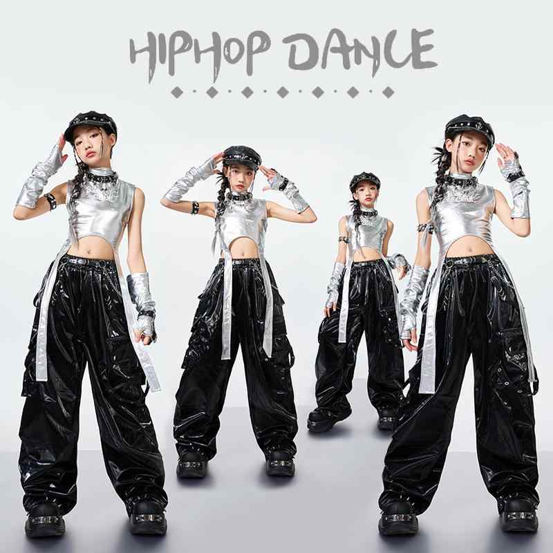 ダンス衣装 キッズ 女の子 JAZZ ストリート ヒップホップ へそ出し クロップド丈 シルバー レザージャケット セットアップ 上下セット 発表会 ステージ クール