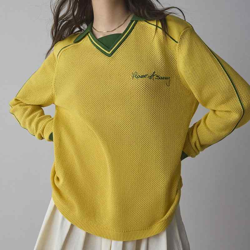 スウェット レディース アメカジ風 アルファベット刺繍 配色切り替えポロ襟 トレーナー 春秋 薄手 ポリエステル素材 ゆったり ルーズ オーバーサイズ 韓国風 ストリートカジュアル 長袖 プルオーバートップス イエロー ホワイト