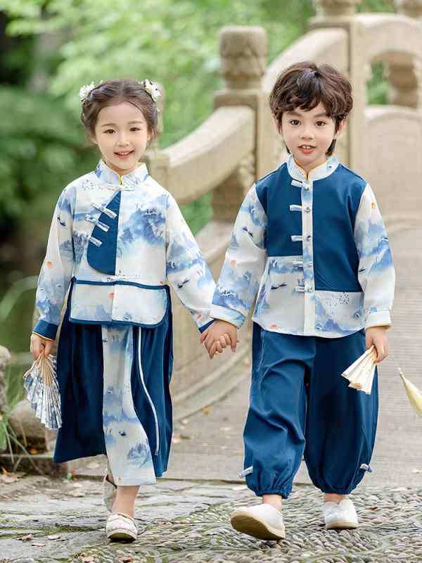 キッズ 男の子 女の子 漢服 唐装 古装 新中華風 中国伝統衣装 幼稚園制服 発表会 詩歌朗読 舞台 イベント コスチューム セットアップ コットン 綿 柔らかい 春秋