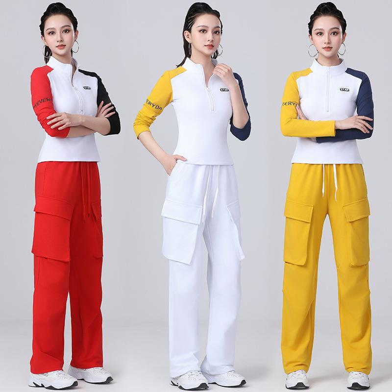 ダンスウェア レディース 女性用 ハーフジップ 長袖 トレーナー セットアップ スウェットパンツ ジャージ 社交ダンス 練習着 発表会 チーム 団体 スポーツ カジュアル 運動 フィットネス ランニング コットン 春夏秋
