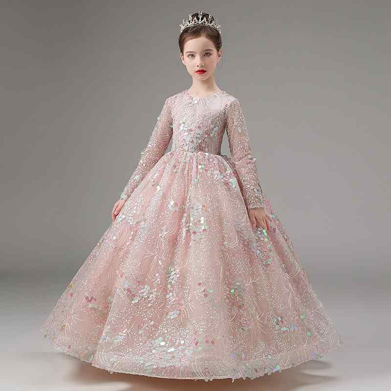 ドレス キッズ 女の子 プリンセス フォーマル セレモニー 長袖 ロング丈 誕生日 結婚式 発表会 ピアノ発表会 フラワーガール パーティー お呼ばれ 上品 華やか ポリエステル ピンク