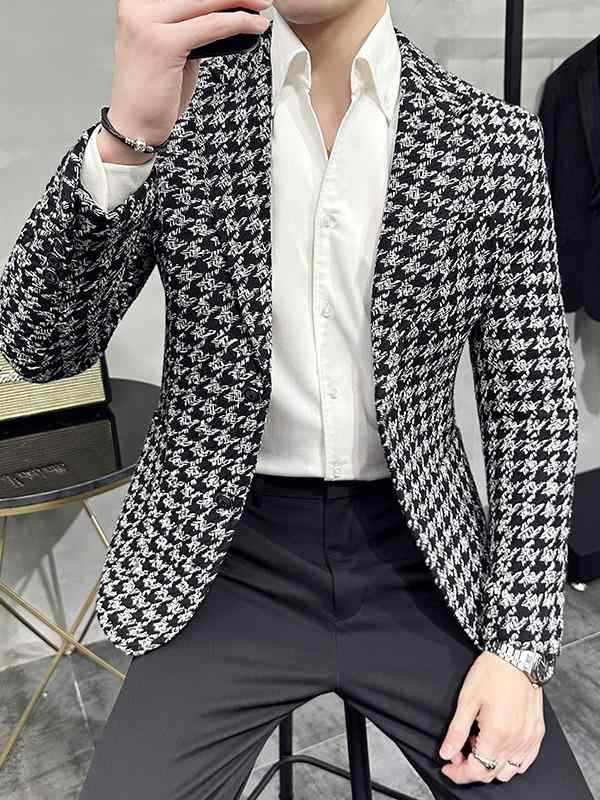 ジャケット メンズ 千鳥格子柄 高級感 上質 スリムフィット 厚手 テーラードカラー 2ボタン シングルブレスト センターベント ポリエステル素材 スーツジャケット ビジネス カジュアル 秋物 ブラック 6,956円