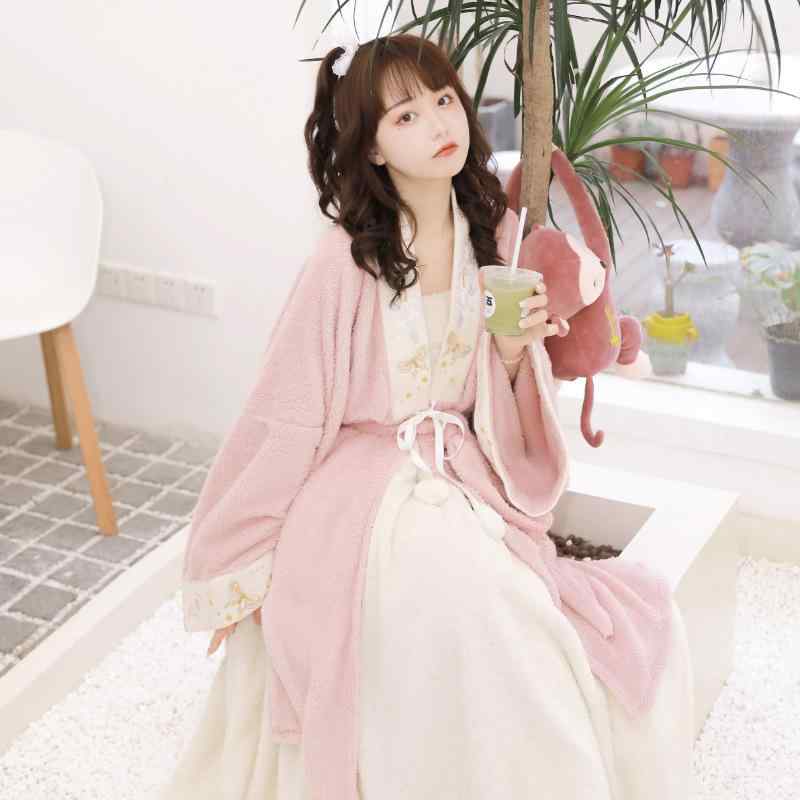 パジャマ レディース オリジナルデザイン 花柄 中国風 漢服風 ロング丈 厚手 あったか ルームウェア 寝巻き TR素材 ストレッチ 4点セット ピンク系 アイボリー 秋冬