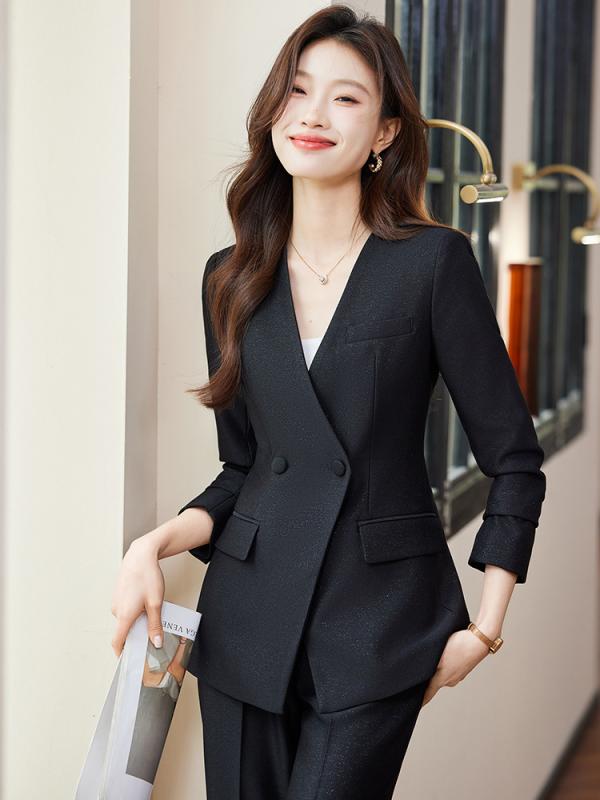 スーツ レディース ブラック Vネック ジャケット ロングパンツ セットアップ ビジネス オフィス カジュアル 美容院 エステサロン マネージャー 制服 長袖 スマート エレガント ポリエステル レーヨン 春夏