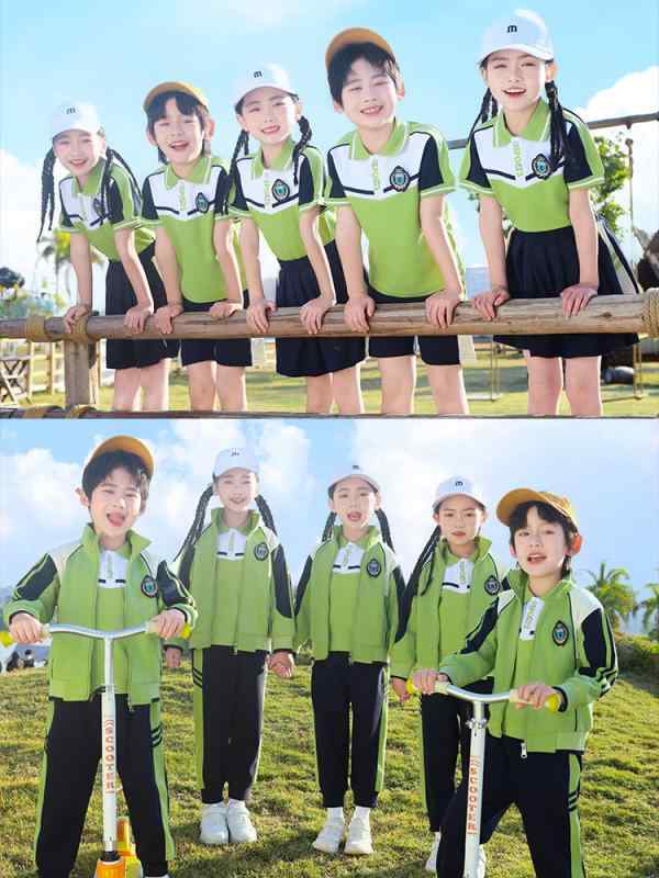 スクールユニフォーム 制服 キッズ 小学生 幼稚園児 男女兼用 通年 通学服 ブリティッシュ スポーティー スクールスタイル 綿混 グリーン 緑 3点セット
