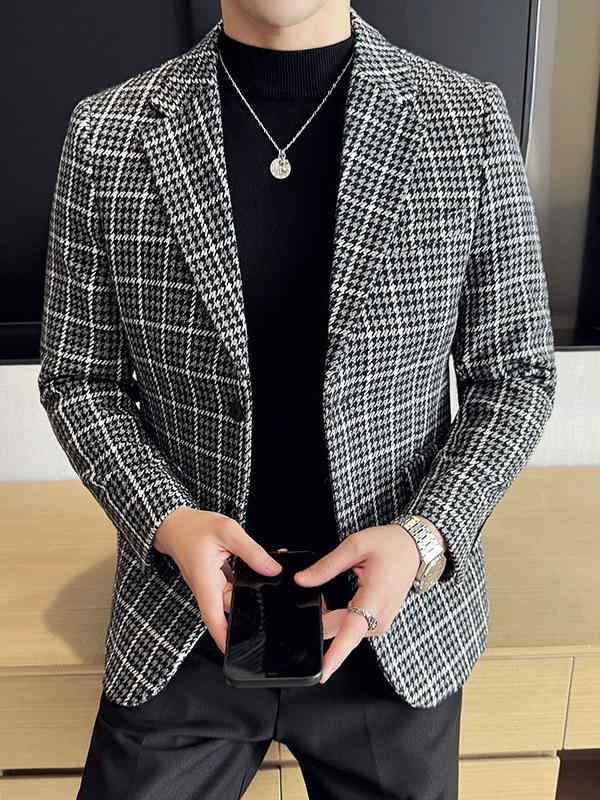ジャケット メンズ 男性用 秋冬 チェック柄 格子柄 スリムフィット 細身 テーラードカラー ポリエステル混紡 形態安定 韓国ファッション おしゃれ 軽ビジネス カジュアル 通勤 オフィス 普段使い ブレザー アウター｜あじゅり