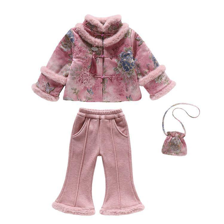 子供服 女の子 女児 ベビー 漢服 唐装 セットアップ 中華風 サテン生地 ピンク 花柄 中綿入り 裏起毛 厚手 防寒 保温 あったか お正月 新年 発表会 伝統衣装 秋冬