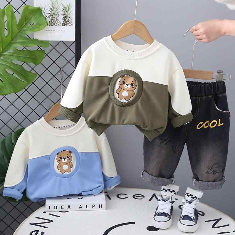 子供服 男の子 ベビー 春秋 普段使い カジュアル キャラクター 切り替え かわいい 長袖 クルーネック トレーナー デニムパンツ ソフト セットアップ グリーン ブルー