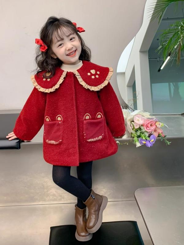 女の子 コート キッズ 中綿入り 厚手 レッド お祝い服 新年の挨拶着 幼児 小学生 襟付き 韓国風 無地 長袖 スナップボタン ショート丈 ポリエステル 秋冬