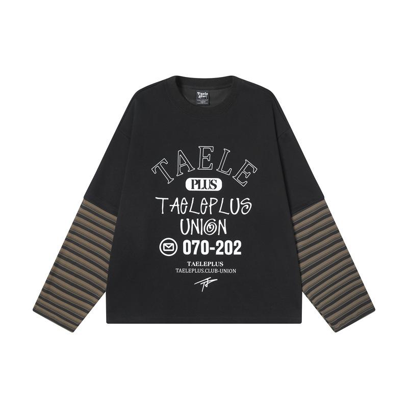 Tシャツ メンズ ストリート系 ヒップホップ グラフィティ レタープリント 重ね着風 長袖 ルーズフィット ストライプ 切り替え コットン カジュアル 春秋 ブラック