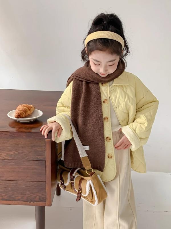 コート 女の子 キッズ 中綿 キルティング 厚手 防寒 アウター 綿 ポリエステル イエロー 冬 肌触り良い カジュアル 無地 通学 普段着