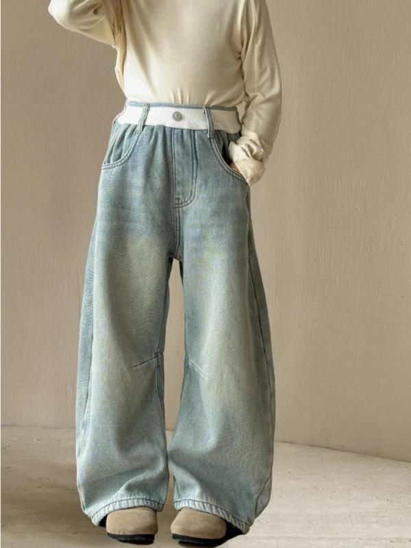 デニムパンツ 女の子 ジュニア 裏起毛 あったか ハイウエスト ゆったり ワイドパンツ コットン おしゃれ かわいい 韓国風 普段使い 通学 秋冬 ライトブルー やわらか ロングパンツ