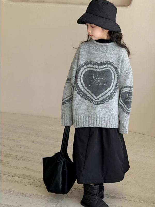 ニット 女の子 キッズ 秋冬 ハート柄 ジャガード セーター 厚手 子供服 アクリル プルオーバー クルーネック 長袖 普段使い 通学 ジュニア トップス あったか 防寒 カジュアル