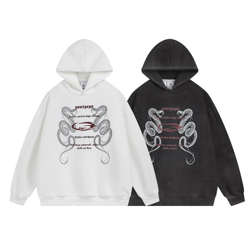 パーカー メンズ 男性用 アメカジ ストリート カジュアル ヒップホップ ヴィンテージ ウォッシュ加工 古着風 スネークプリント ヘビ柄 ロゴ ビッグシルエット オーバーサイズ ゆったり 綿 コットン 秋冬 ブラック ホワイト 黒 白