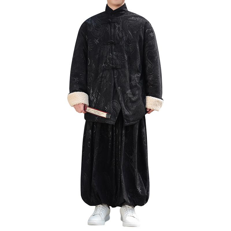 メンズ セットアップ 秋冬 新中国風 レトロ ヴィンテージ トレンド 龍柄 ドラゴンモチーフ コーデュロイ シープボア 中綿 綿 厚手 ジャケット ジャンパー アウター 保温 防寒 暖かい カジュアル 普段使い