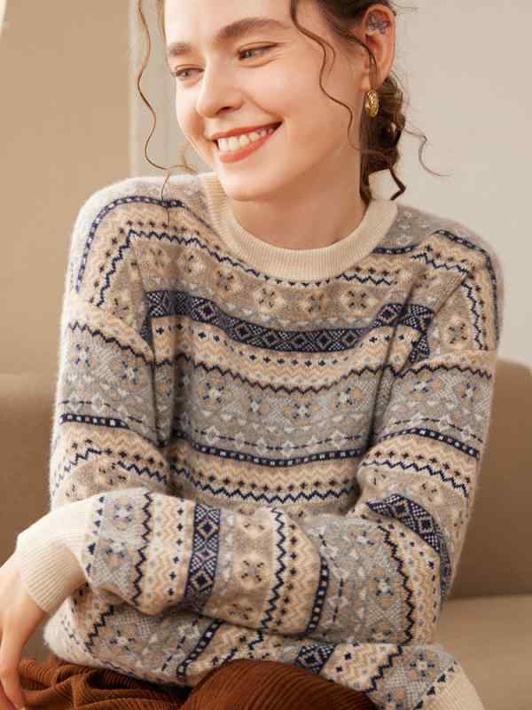 ニットトップス レディース 女性用 カシミヤ混 ラウンドネック 長袖 ゆったり ゆるシルエット 保温 暖か 柔らかな肌触り 配色ボーダー 上品 高級感 カジュアル 通勤 デイリーユース 秋冬｜あじゅり