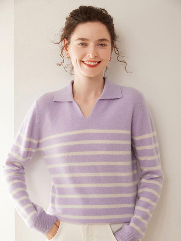 ニット レディース 秋冬 カシミヤ ポロ襟 長袖 ストライプ トップス ゆったり 厚手 肌触り抜群 着回し カジュアル 通勤 オフィス|あじゅり