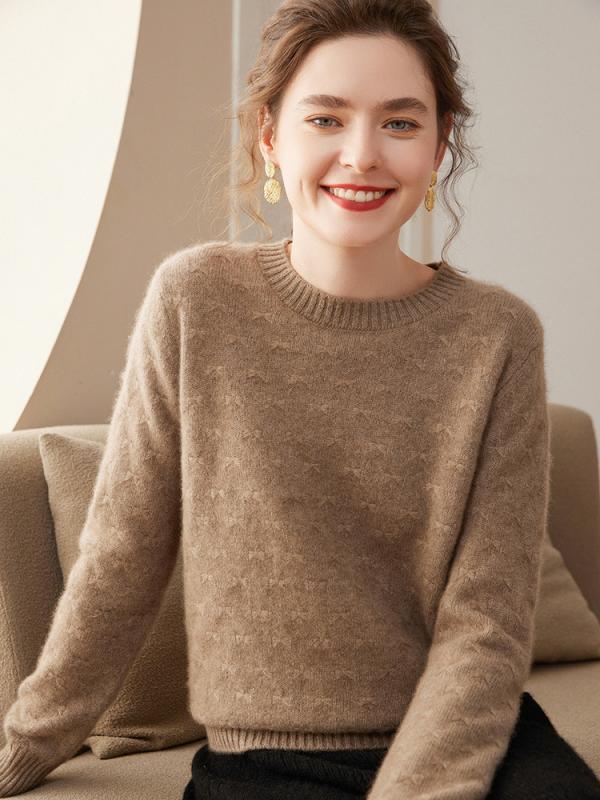 ニット レディース カシミヤ ラウンドネック ジャガード チェック柄 ゆったり 厚手 長袖 秋冬 通勤 オフィス 上品 リラックスフィット トップス インナー｜あじゅり