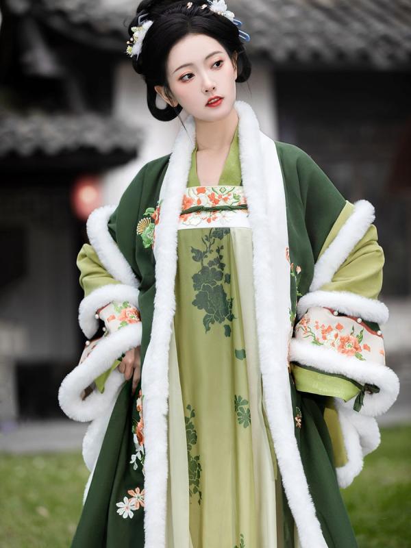 漢服 レディース 唐風 斉胸襦裙 長羽織り ケープ ポンチョ セット チベット風 冬用 裏起毛 厚手 保温 ポリエステル 刺繍 普段着