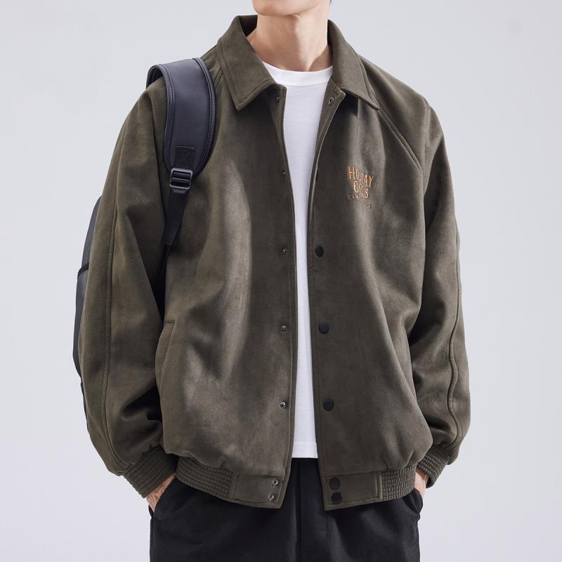 ジャケット メンズ スエード調 ポリエステル 襟付き ヘビーウェイト アメリカンレトロ アメカジ カジュアル トレンド ルーズシルエット ビッグシルエット ゆったり 耐久性 秋冬 グレーグリーン ブラック