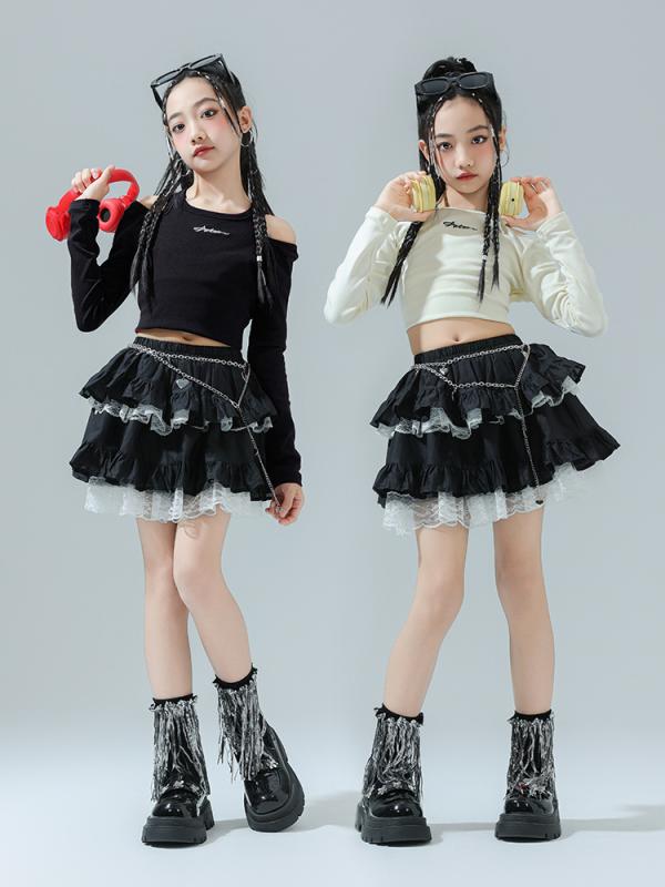 キッズ ダンス衣装 女の子 ガールズ ジャズ ストリート ヒップホップ 発表会 練習 ステージ セットアップ 上下 へそ出し クロップド ティアードスカート 肩出し 長袖 綿