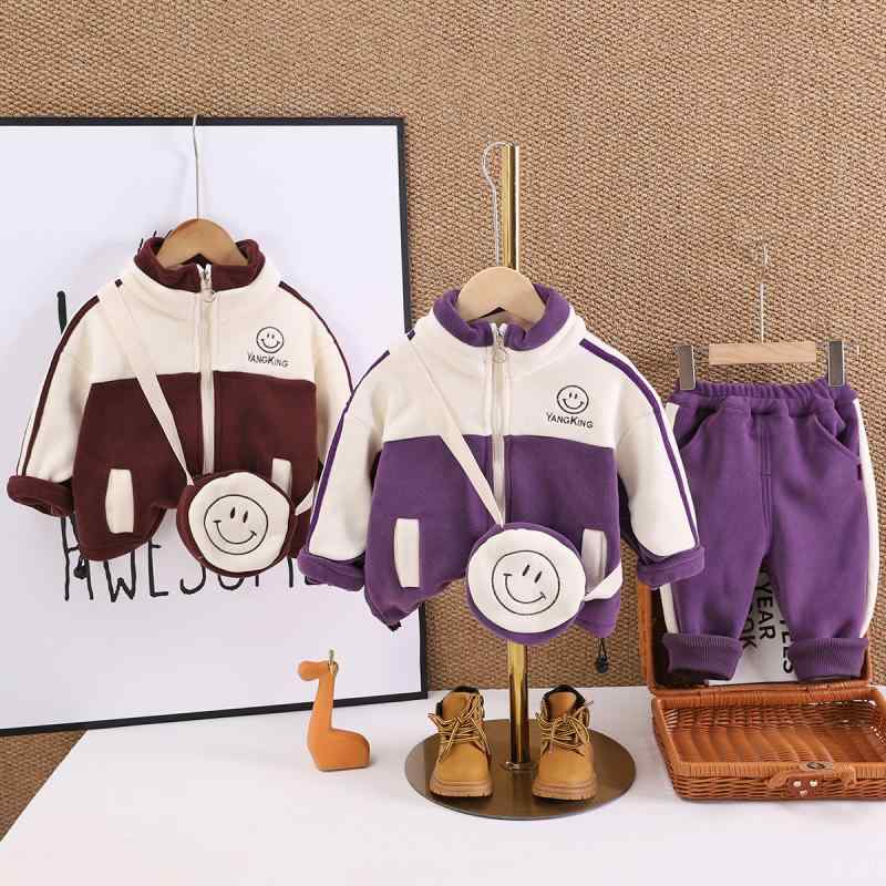 ベビー服 男の子 スマイル キャラクター柄 長袖 ハイネック 裏起毛 厚手 コットン 2点セット セットアップ パンツ 秋冬 ジップアップ カジュアル スポーツ おしゃれ