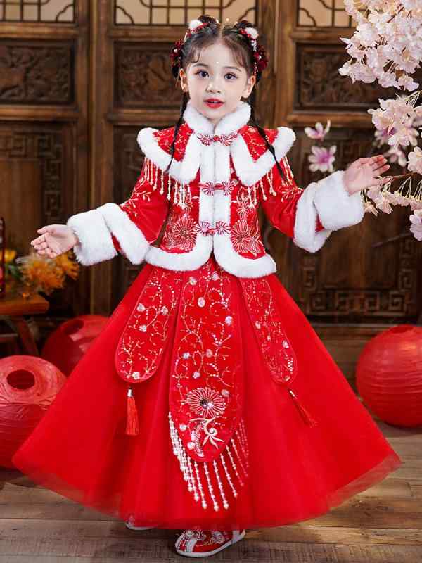 ワンピース 女の子 子供 漢服 唐装 民族衣装 中国風 裏起毛 厚手 お正月 晴れ着 高級感 コーデュロイ ポリエステル セットアップ 花柄 秋冬