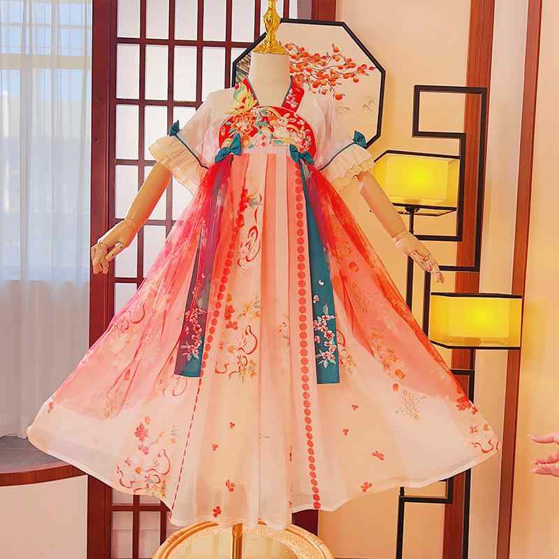 ワンピース 女の子 子供用 キッズ 漢服 中国風 刺・墸 プリンセス 発表会 民族衣装 柔らかい肌触り ポリエステル混紡 薄手 春夏秋