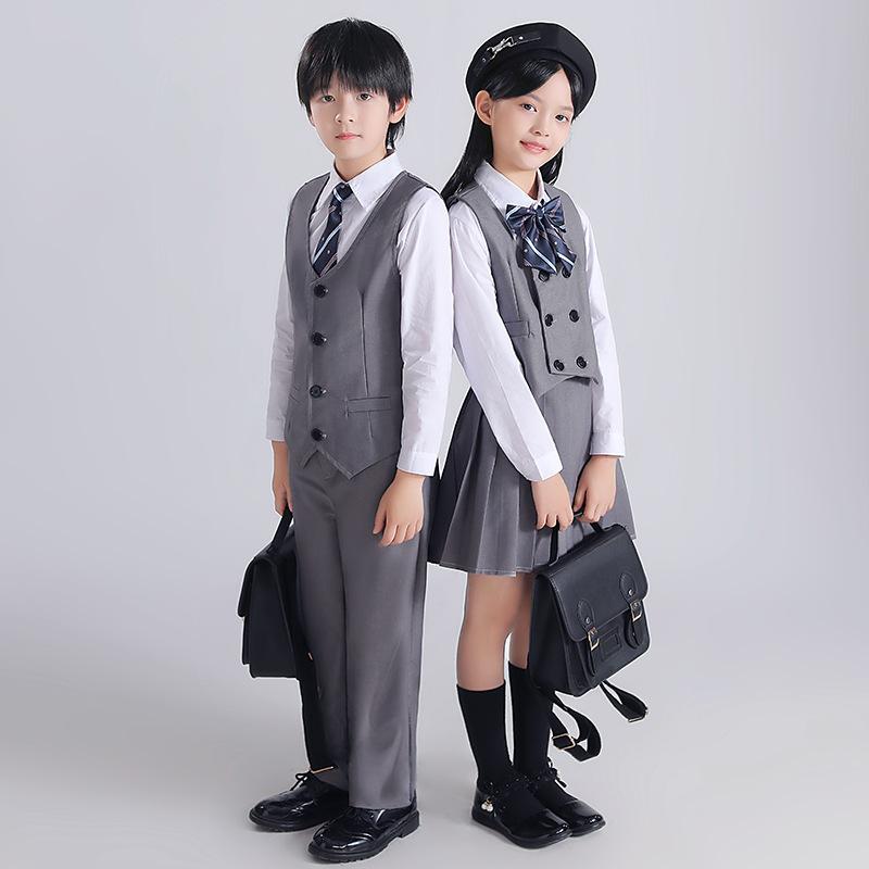 キッズ 男女兼用 小学生 制服 セットアップ 学院風 英国風 フォーマル 合唱 朗読 発表会 イベント 舞台衣装 リボン切り替え 綿混紡 柔らか肌触り 春秋 グレー ネイビー