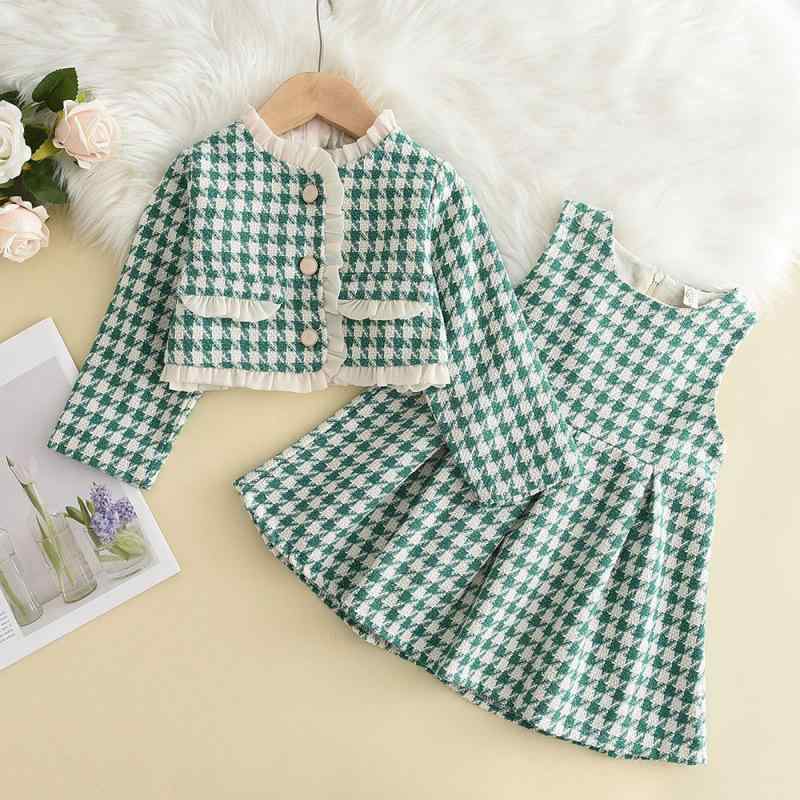 セットアップ 女の子 キッズ 春秋 ツイード風 チェック柄 プリンセス風 ベスト ワンピース 2点セット お出かけ 通園 普段着 上品 きれいめ フォーマル ポリエステル グリーン 緑