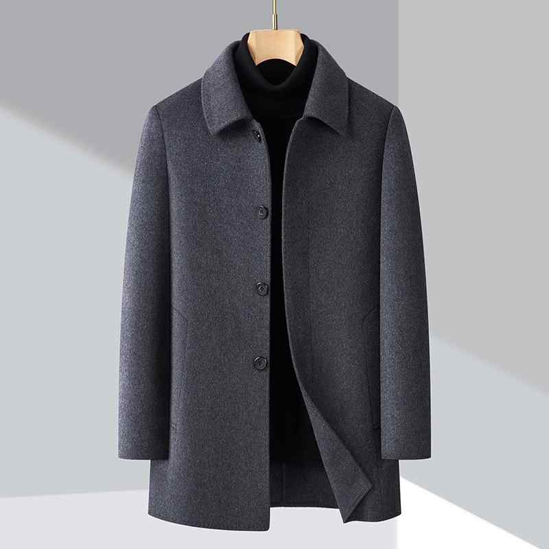 コート メンズ 男性用 ミドル丈 ダブルフェイス カシミヤ混 ウール 厚手 テーラードカラー シングルブレスト ビジネス カジュアル 通勤 防寒 上品 秋冬アウター