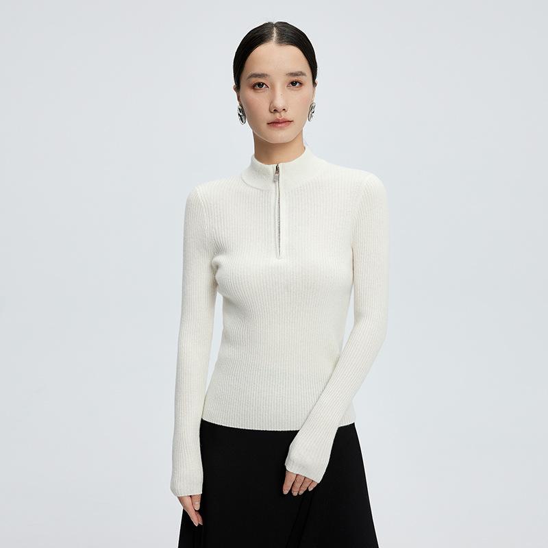 ニット セーター レディース 女性用 ジップアップ プルオーバー カシミヤ ウール 混紡 秋冬 長袖 ハイネック 無地 スリム インナー トップス 通勤 オフィス きれいめ ミドルゲージ|あじゅり