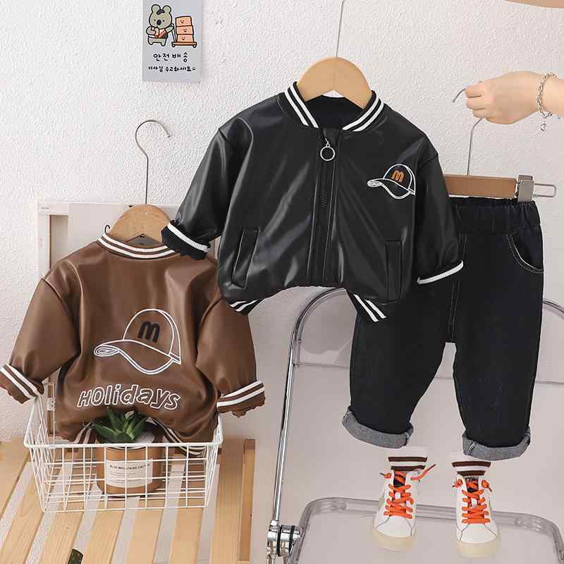 セットアップ キッズ 男の子 ベビー 幼児 フェイクレザー ジャケット アウター デニムパンツ ジーンズ コットン 裏起毛 柔らかい 肌触り ストリート カジュアル おしゃれ 韓国ファッション 春秋 ブラウン ブラック