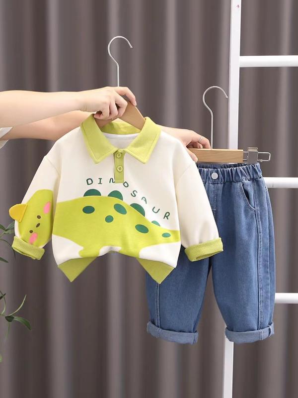 セットアップ 男の子 ベビー キッズ 春秋 長袖 スウェット トレーナー パンツ 2点セット 上下組 キャラクター 恐竜プリント 綿 コットン グリーン カジュアル 普段使い ルームウェア お出かけ