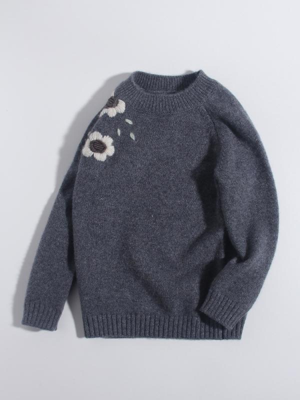 ニット キッズ 女の子 山羊カシミヤ セーター 肩刺繍 花柄 長袖 丸首 プルオーバー 厚手 暖かい かわいい カジュアル 通園 親子コーデ 秋冬 グレー|あじゅり