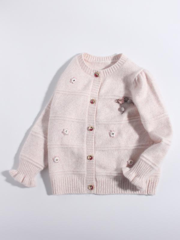 ニット キッズ 女の子 ベビー 子供服 カシミヤ カーディガン セーター クルーネック 長袖 前開き ボタン 厚手 あったか 暖かい 保温 柔らか 肌触り プリンセス風 かわいい おしゃれ 秋冬 ライトベージュ アイボリー｜あじゅり 8,699円