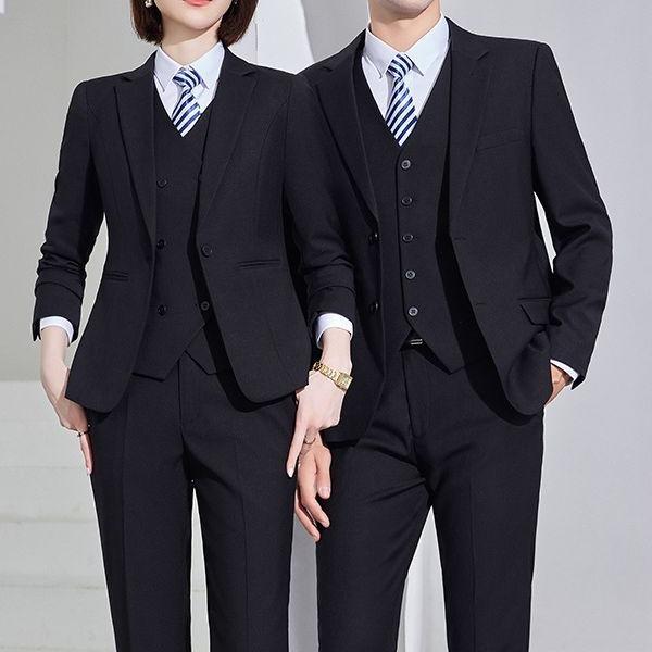 ビジネススーツ 男女兼用 ユニセックス セットアップ オフィス フォーマル 制服 ユニフォーム ジャケット スラックス ポリエステル レーヨン混 秋冬 ブラック ネイビー