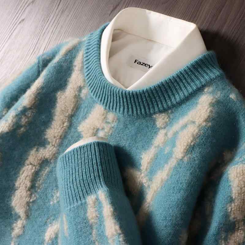 ニット メンズ 男性用 高品質ウール カシミヤ混 丸首 クルーネック ジャガード柄 セーター プルオーバー ゆったり リラックスフィット 厚手 保温性 カジュアル 普段使い 春秋冬|あじゅり