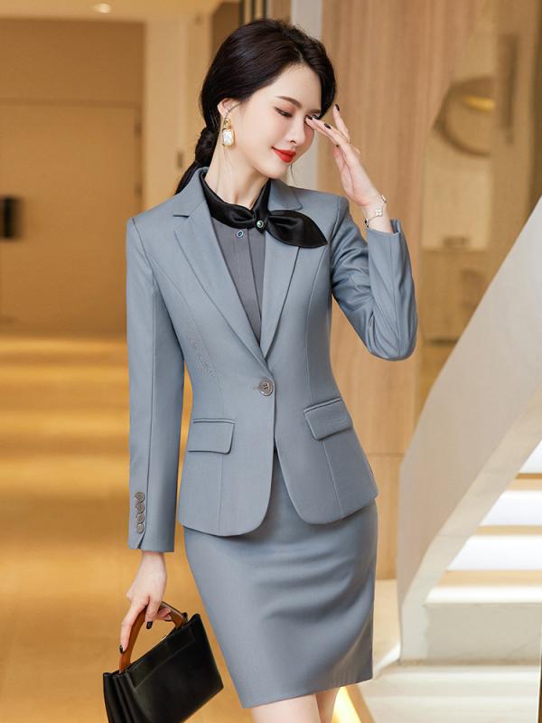 スーツ レディース 女性用 ビジネス オフィス フォーマル セレモニー 受付 ホテル 事務服 制服 スカートスーツ セットアップ グレー ポリエステル
