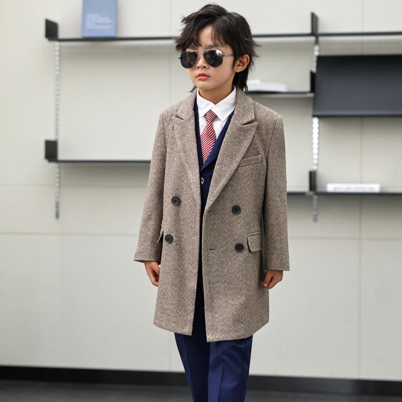 コート 男の子 子供服 キッズ メルトン ウール ピーコート ダブルボタン ミドル丈 セミロング 厚手 暖かい 防寒 保温 アウター ジャケット 秋冬 通学 普段使い カジュアル カーキ おしゃれ
