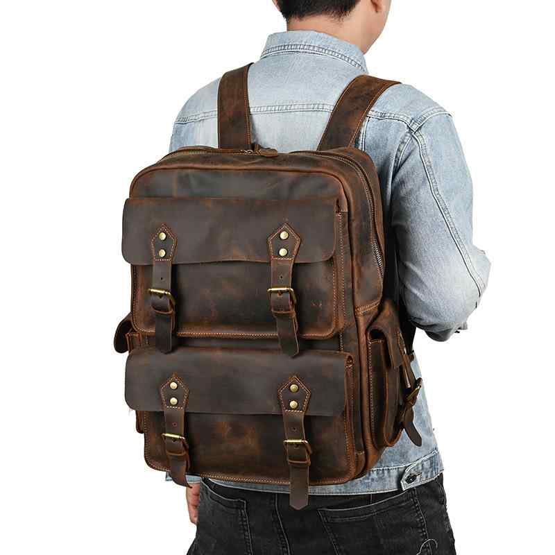 リュックサック バックパック メンズ 男性用 牛革 レザー クレイジーホースレザー 大容量 PC収納 パソコン対応 通勤 通学 アウトドア 旅行 トラベル カジュアル デイリー 耐摩耗性 欧米風 レトロ ダークブラウン系 通気性バックパネル 9,936円
