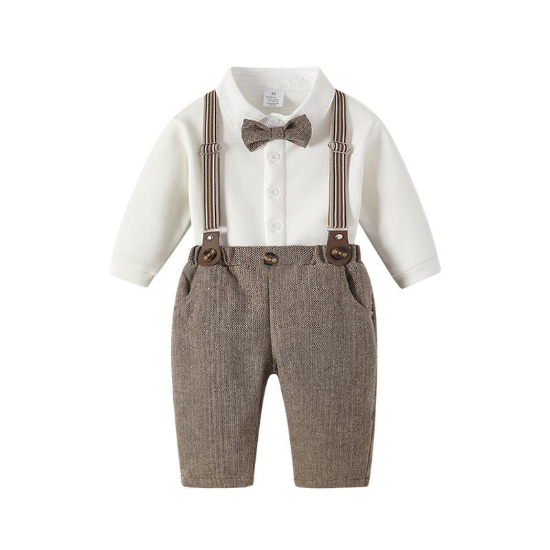 ベビー 男の子 サロペット スリーピース 秋冬 裏起毛 暖かい かっこいい 結婚式 リングボーイ 1歳誕生日 フォーマル 長袖 コットン チェック柄 ブラウン