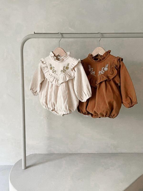 ロンパース 女の子 ベビー カバーオール 幼児服 秋冬 起毛 花柄刺繍 メロウフリル 立ち襟 スタンドカラー コットン 麻混紡 お出かけ 外着用 アイボリー キャラメル 80 90サイズ