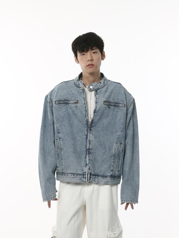 ジャケット メンズ 男性用 秋冬 韓国風 ショート丈 ワイドショルダー 立ち襟 長袖 デニム ゆったり ルーズフィット カジュアル ブルゾン ブラック ブルー
