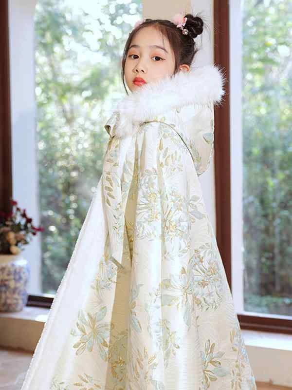 ポンチョ 女の子 中国風 漢服 花柄 ケープ 裏起毛 厚手 防風 ショール マント お出かけ プリンセス かわいい 秋冬