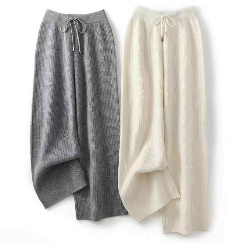 パンツ レディース 秋冬 ウール カシミヤ ニット 厚手 縦縞 ジャカード ワイド ストレート ハイウエスト ドレープ感 きれいめ オフィス ボトムス｜あじゅり