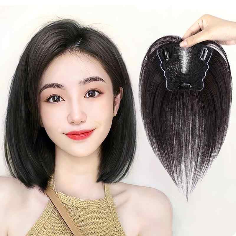 ヘアピース レディース 人毛100% 頭頂部 白髪隠し 薄毛隠し シースルーバング 部分ウィッグ スイスネット ストレート 25cm 自然な黒 モカブラウン 軽量 通気性