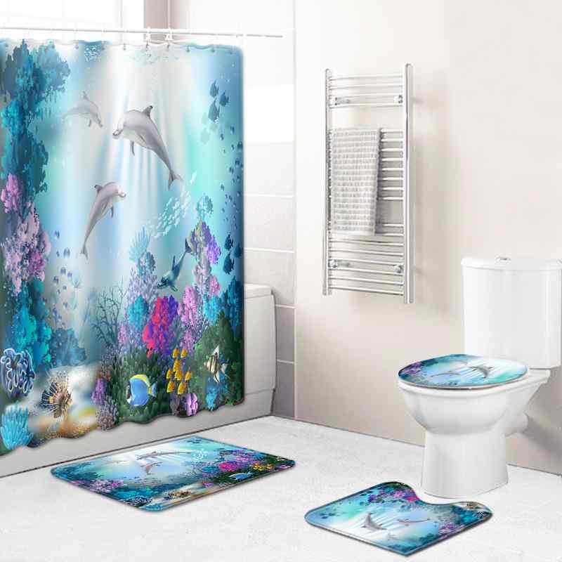 シャワーカーテン マリン柄 浴室 バスルーム 防水 防カビ ポリエステル製 軽量 速乾 トイレ足元マット 3点セット おしゃれ
