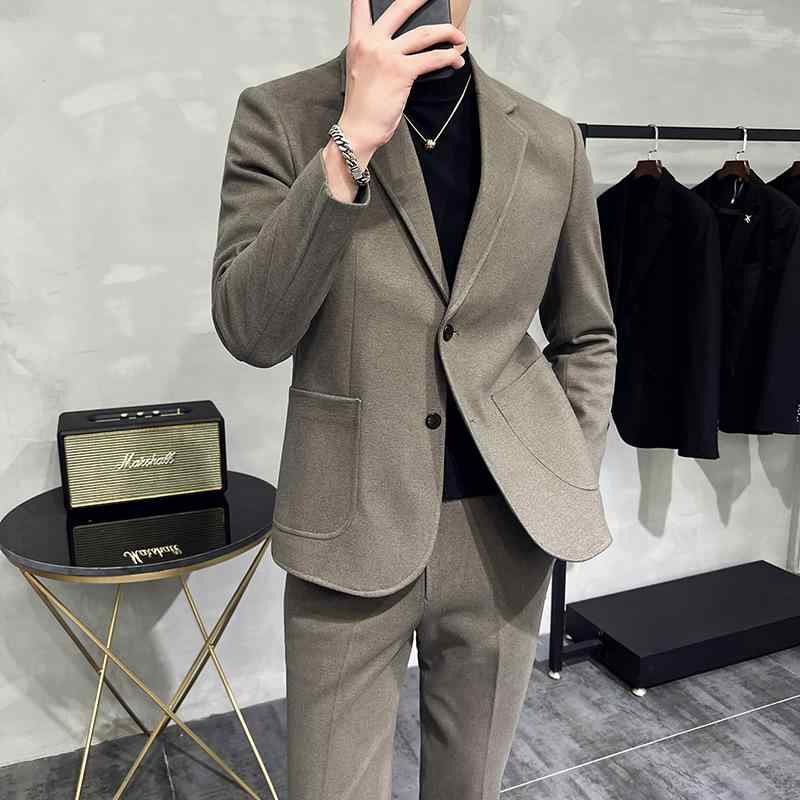 スーツ メンズ セットアップ 秋冬 厚手 ウール調 カジュアル ビジネス 韓国ファッション スリムフィット ジャケット スラックス 2点セット ブラック ダークグレー コーヒー ノッチドラペル センターベント シングルボタン